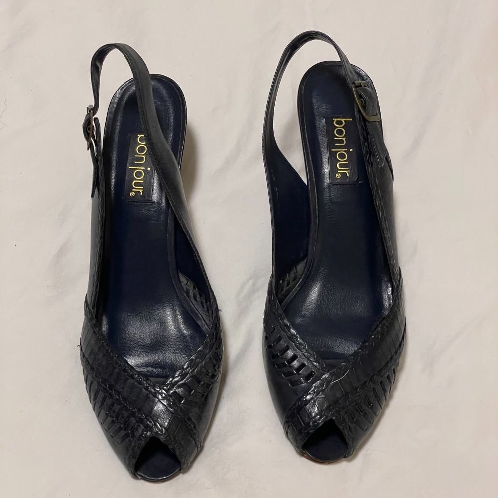 Vintage Navy Blue Leather Slingbacks